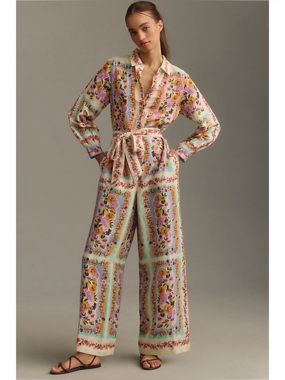 Ranna Gill Long Sleeve Linen Blend Jumpsuit in Flower Garden